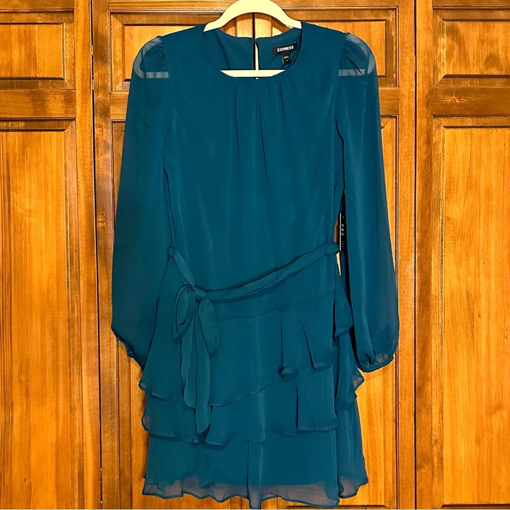 Express Long Sleeve Tie Waist Tiered Ruffle Mini Dress Small
